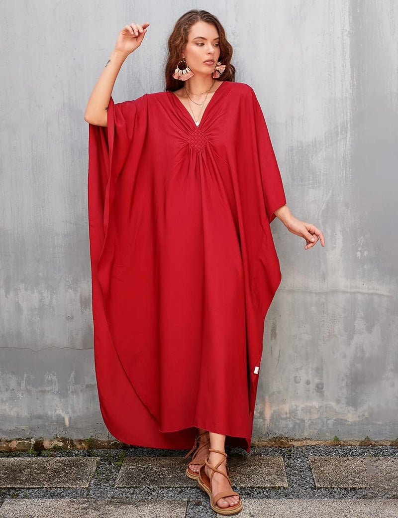 Bsubseach Women Solid Color Cover Up V Neck Batwing Sleeve Plus Size Beach Kaftan Dresses - Image 2